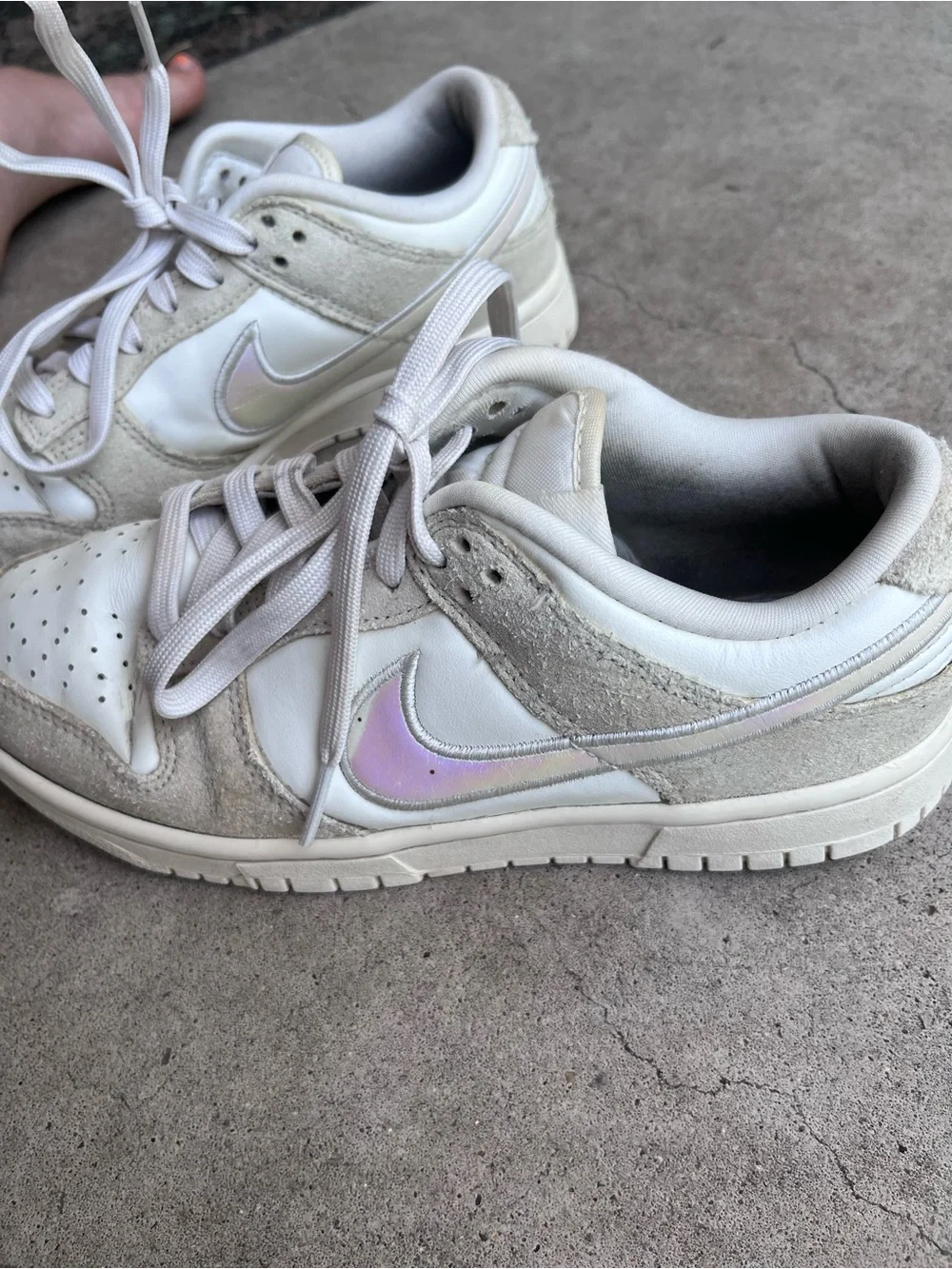 Nike Dunk Low Sneakers - White & Light Gray with Iridescent Swoosh